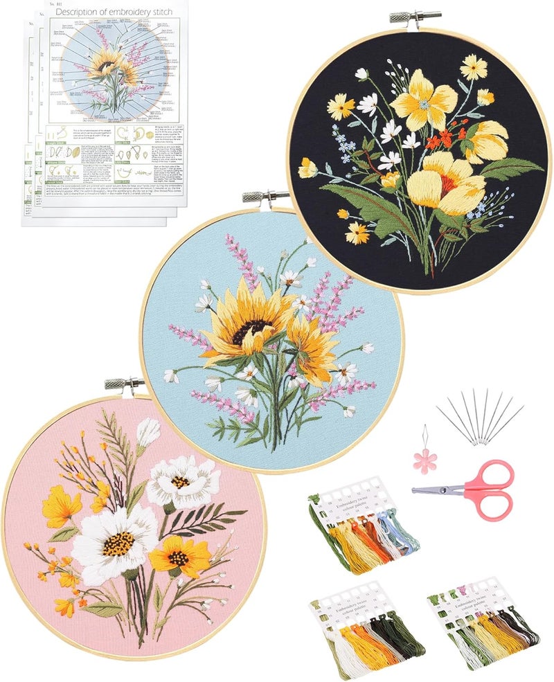 Santune 3 Pack Flower Embroidery Kit for Beginners Adults Cross Stitch Needlepoint Kits Hand Craft with Plant Patterns,3 Instructions,1 Hoop,Threads and 6 Needles - Image 1